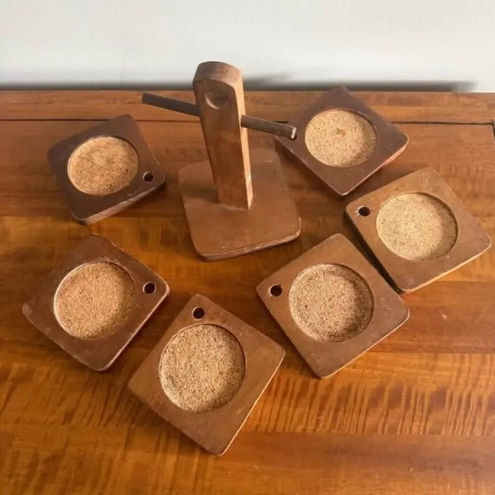 Vintage Wooden Coaster Set with Stand